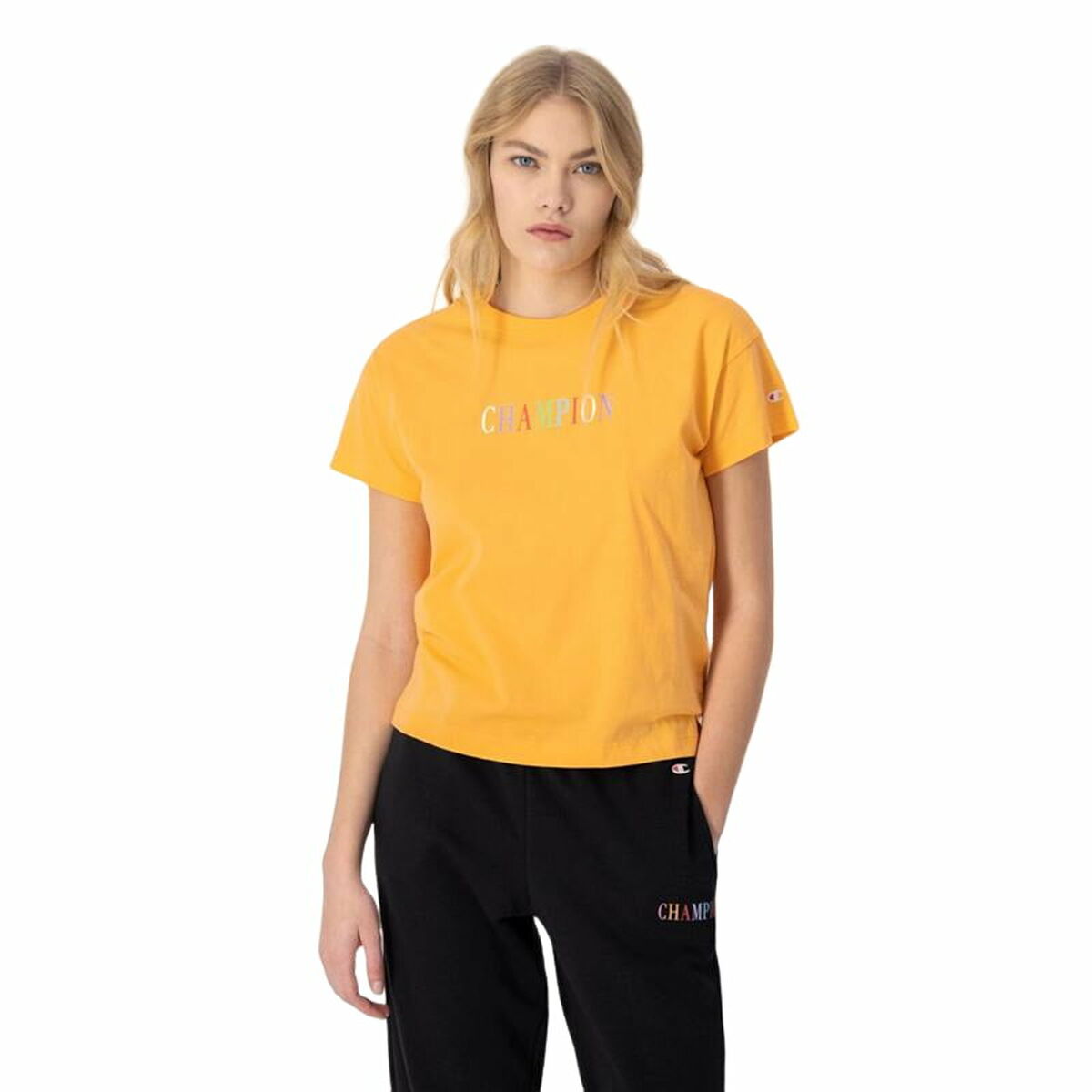 Women’s Short Sleeve T-Shirt Champion Crewneck Croptop Yellow XS